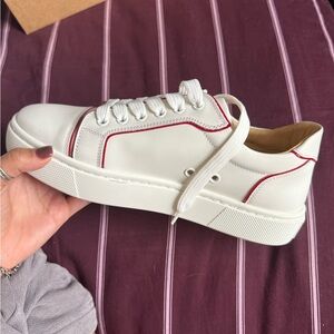 Christian Louboutin White Leather Low-Top Sneakers with Red Piping